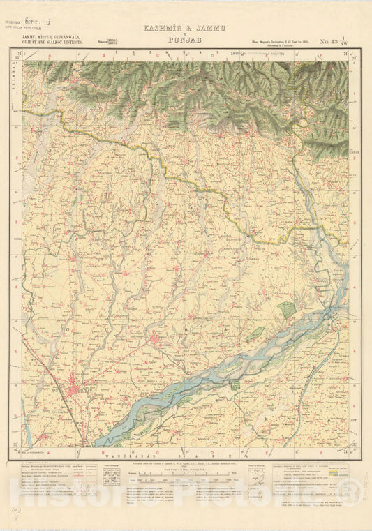 Map : Jammu, Mirpur, Gufranwala, Gufrat and Sialkot Districts, Kashmir & Jammu & Punjab No. 43 L/N.W. 1921, India 1:126,720, Antique Vintage Reproduction