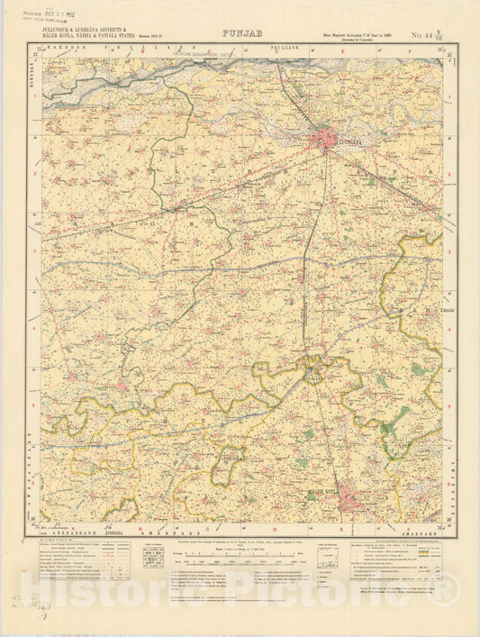 Map : Jullundur & Ludhiana Districts & Maler Kotla, Nabha & Patiala States, Punjab No. 44 N/N.E. 1921, India and adjacent countries, Antique Vintage Reproduction