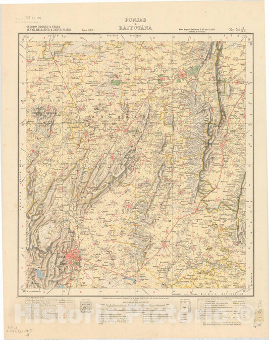 Map : Gurgaon District & Nabha Alwar, Bharatpur & Jaipur States, Punjab & Rajputana, No. 54 A/N.E. 1922, India and adjacent countries, Antique Vintage Reproduction