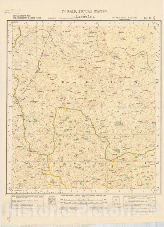 Historic Map : Hissar District, Jind, Loharu, Bikaner & Jaipur States, Punjab, Punjab States, & Rajputana No. 44 P/N.E. 1922, India and adjacent countries, Antique Vintage Reproduction