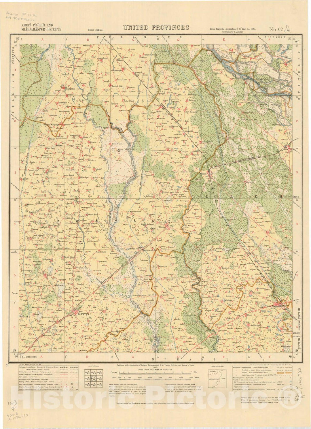 Map : Kheri, Pilibhit and Shahjahanpur Districts, United Provinces, No. 62 D/S.W. 1925, India and adjacent countries, Antique Vintage Reproduction