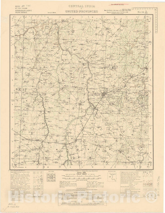 Map : Bundelkhand Agency, Jhansi District, Central India & United Provinces, No. 54 L/N.e. 1943, India and adjacent countries, Antique Vintage Reproduction