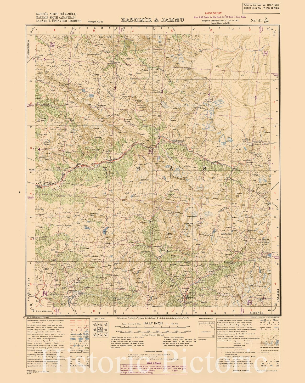 Historic Map : Kashmir North (Baramula), Kashmir Souoth (Anantnag), Ladakh & Udhampur Districts, Kashmir & Jammu No. 43 N/S.W. 1945, India 1:126,720, Antique Vintage Reproduction
