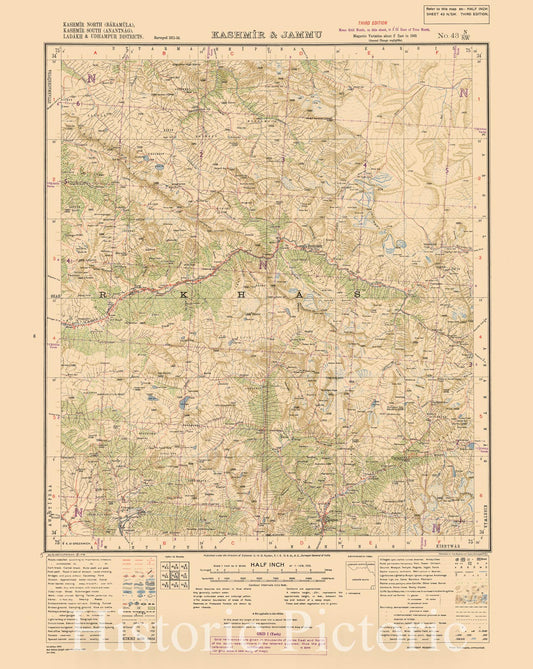 Historic Map : Kashmir North (Baramula), Kashmir Souoth (Anantnag), Ladakh & Udhampur Districts, Kashmir & Jammu No. 43 N/S.W. 1945, India 1:126,720, Antique Vintage Reproduction