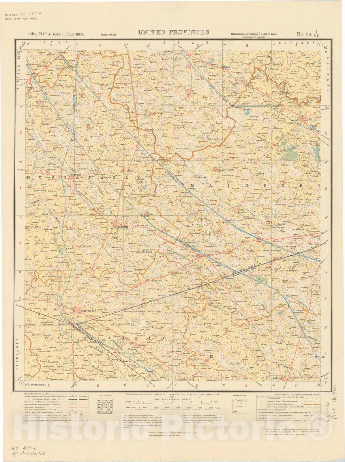 Map : Agra, Etah 7 Mainpuri Districts, United Provinces, No. 54 I/S.E. 1923, India and adjacent countries, Antique Vintage Reproduction