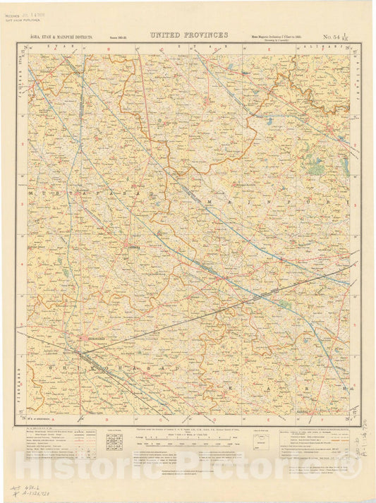 Map : Agra, Etah 7 Mainpuri Districts, United Provinces, No. 54 I/S.E. 1923, India and adjacent countries, Antique Vintage Reproduction