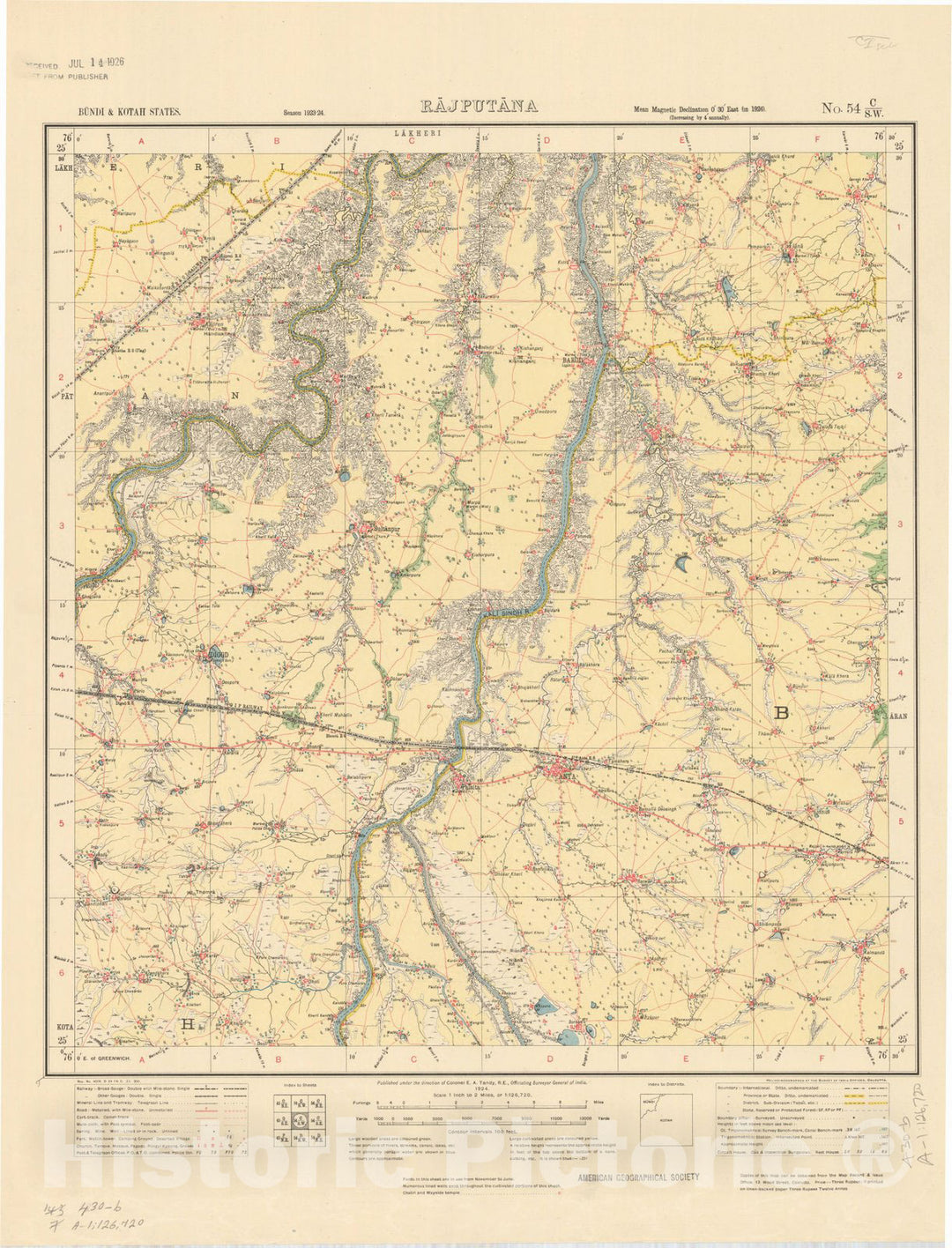 Map : Bundi & Kotah States, Rajputana, No. 54 C/S.W. 1924, India and adjacent countries, Antique Vintage Reproduction