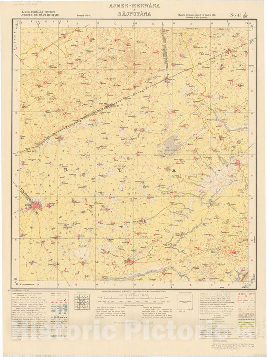 Map : Ajmer-Merwara District, Jodhpur (or Marwar) State, Ajmer-Merwara & Rajputana, No. 45 J/N.W. 1933, India and adjacent countries, Antique Vintage Reproduction