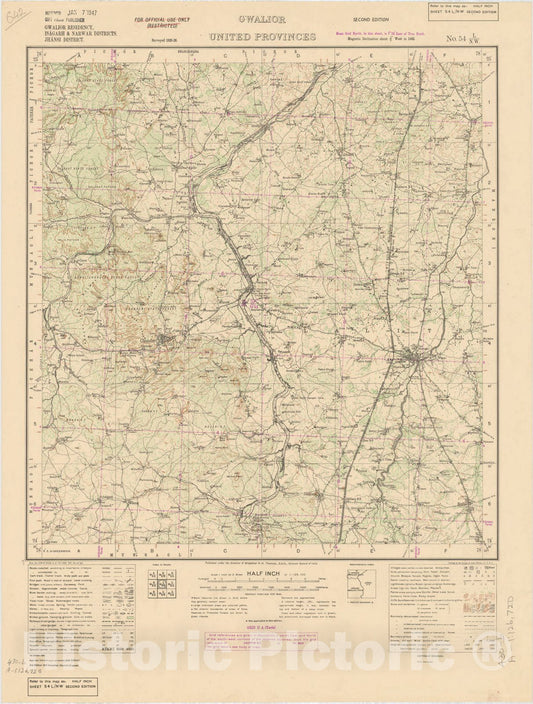 Historic Map : Gwalior Residency, Isagarh & Narwar Districts, Jhansi District, Gwalior, United Provinces, No. 54 L/N.W. 1944, India and adjacent countries, Antique Vintage Reproduction