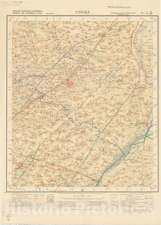 Map : Amritsar, Gurdaspur & Hoshiarpur Districts and Kapurthala State, Punjab No. 44 M/N.W. 1919, India 1:126,720, Antique Vintage Reproduction