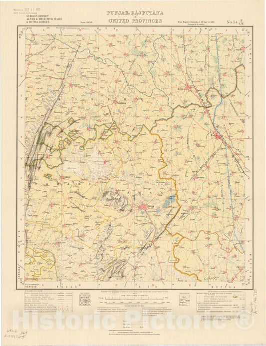 Map : Gurgaon District, Alwar & Bharatpur States, & Muttra District, Punjab, Rajputana & United Provinces, No. 54 E/N.W. 1922, India and adjacent countries