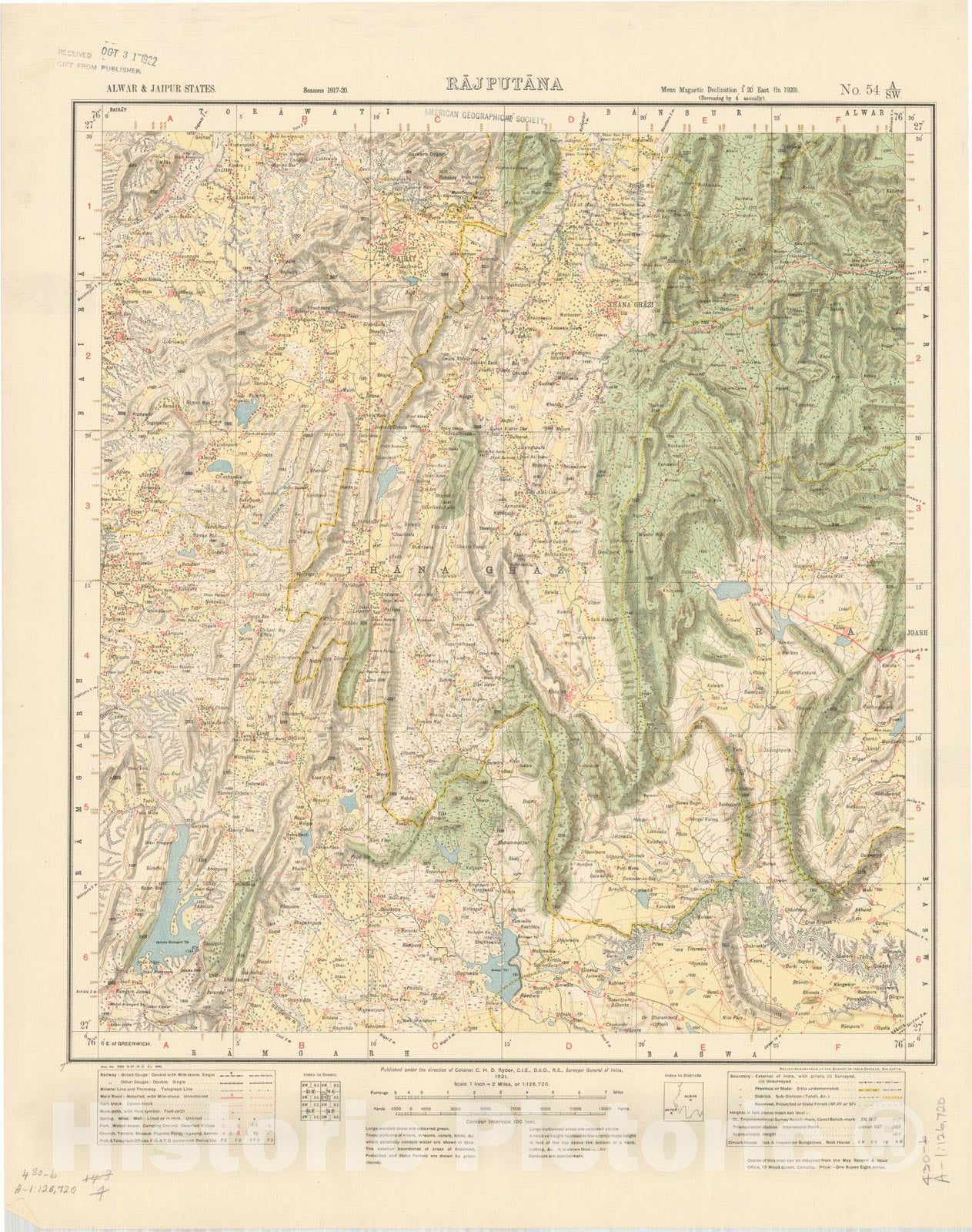 Map : Alwar & Jaipur States, Rajputana, No. 54 A/S.W. 1921, India and adjacent countries, Antique Vintage Reproduction