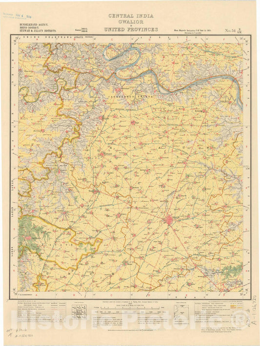 Map : Bundelkhand Agency, Bhind District, Etawah & Jalaun Districts, Central India, Gwalior & United Provinces, No. 54 N/S.W. 1925, India and adjacent countries