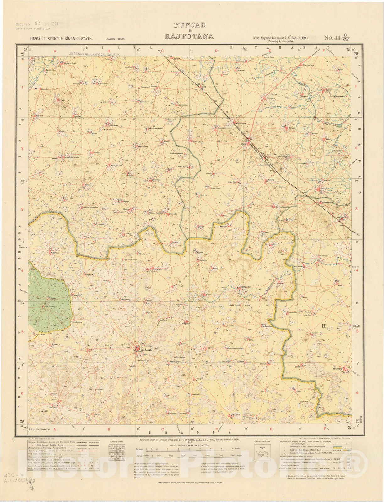Map : Hissar District & Bikaner State, Punjab & Rajputana, No. 44 O/S.W. 1922, India and adjacent countries, Antique Vintage Reproduction