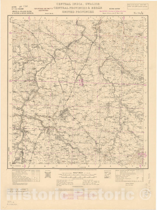 Map : Bhopal & Gwalior States & Saugor & Jhansi Districts, Central India, Gwalior, Central Provinces & Berar, United Provinces, 1944, India and adjacent countries