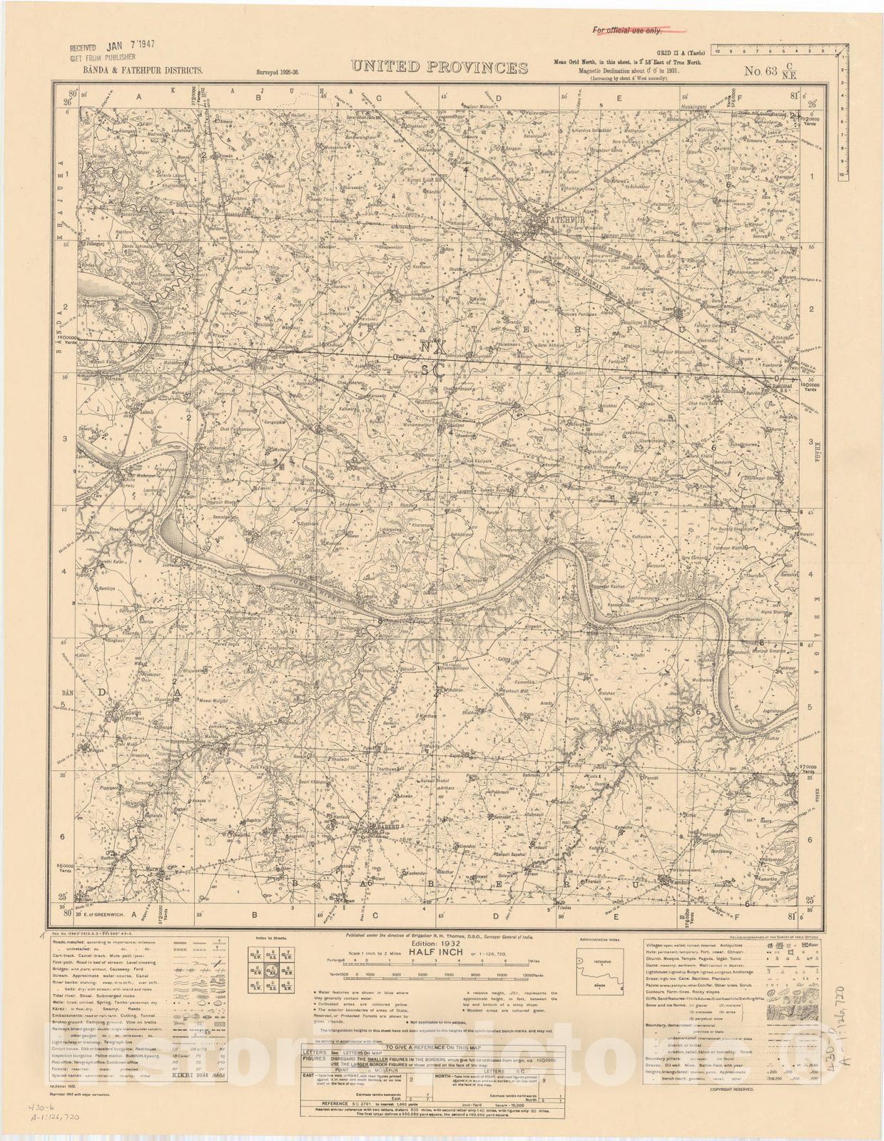 Map : Banda & Fatehpur Districts, United Provinces, No. 63 C/N.E. 1943, India and adjacent countries, Antique Vintage Reproduction