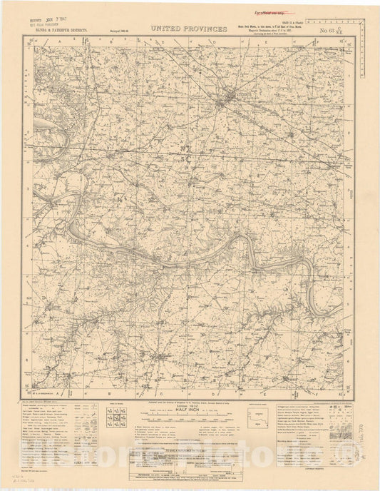 Map : Banda & Fatehpur Districts, United Provinces, No. 63 C/N.E. 1943, India and adjacent countries, Antique Vintage Reproduction
