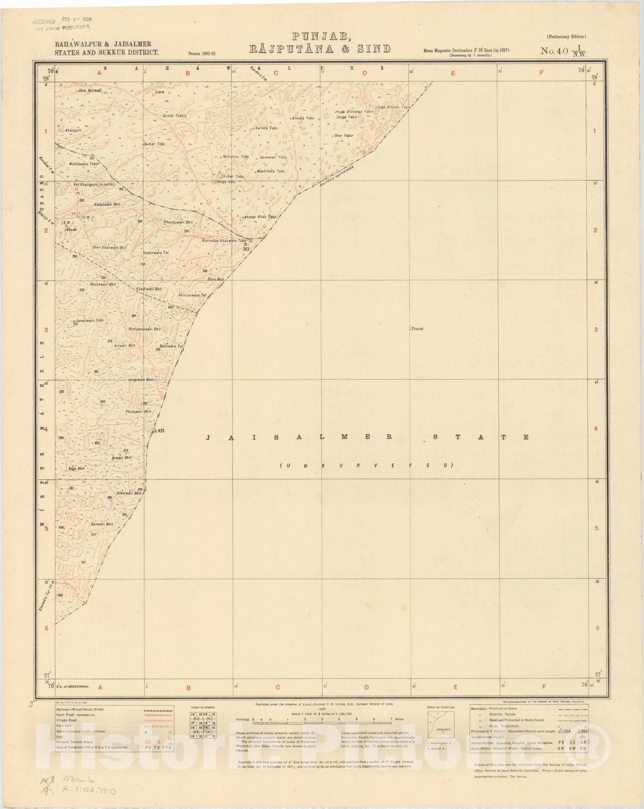 Map : Bahawalpur & Jaisalmer States and Sukkur District, Punjab, Rajputana & Sind, No. 40 I/N.W. 1905, India 1:126,720, Antique Vintage Reproduction