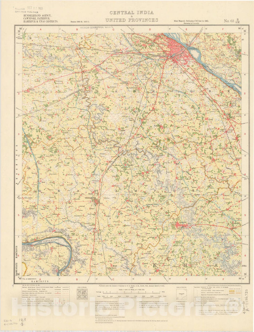 Map : Bundelkhand Agency, Cawnpore, Fatehpur, Hamirpur & Unao Districts, Central India & United Provinces, No. 63 B/S.W. 1922, India and adjacent countries