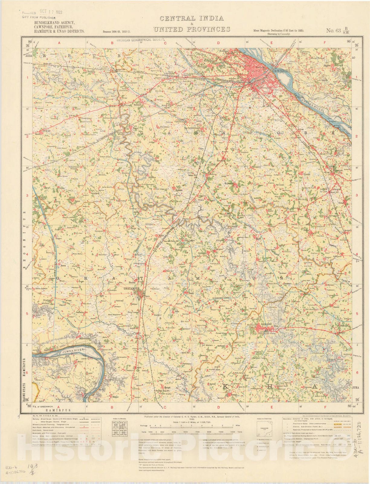 Map : Bundelkhand Agency, Cawnpore, Fatehpur, Hamirpur & Unao Districts, Central India & United Provinces, No. 63 B/S.W. 1922, India and adjacent countries