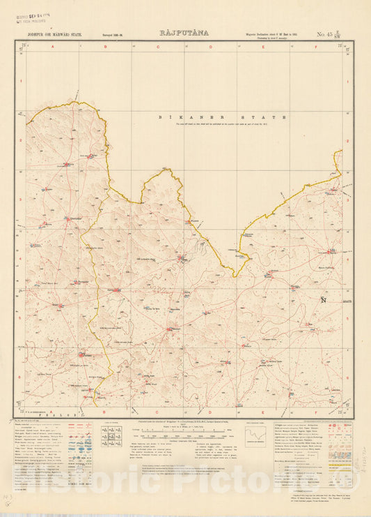Map : Jodhpur (or Marwar) State, Rajputana, No. 45 E/S.W. 1937, India and adjacent countries, Antique Vintage Reproduction