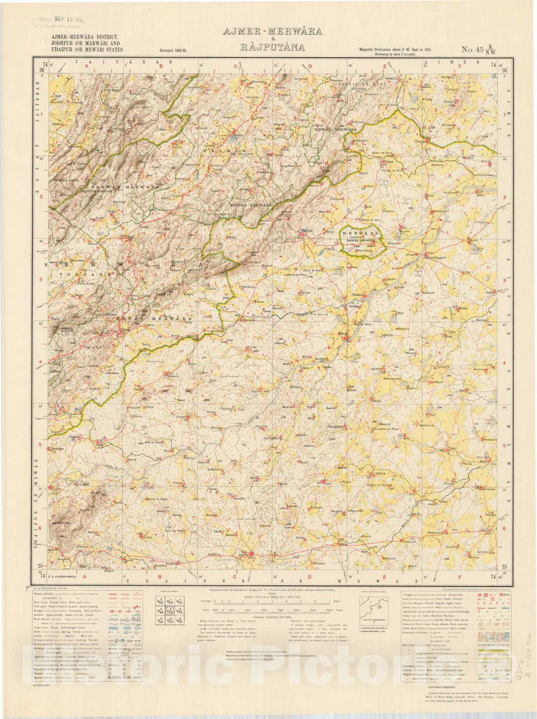 Map : Ajmer-Merwara District, Jodhpur (or Marwar) and Udaipur (or Mewar) States, Ajmer-Merwara & Rajputana, No. 45 K/N.W. 1934, India and adjacent countries