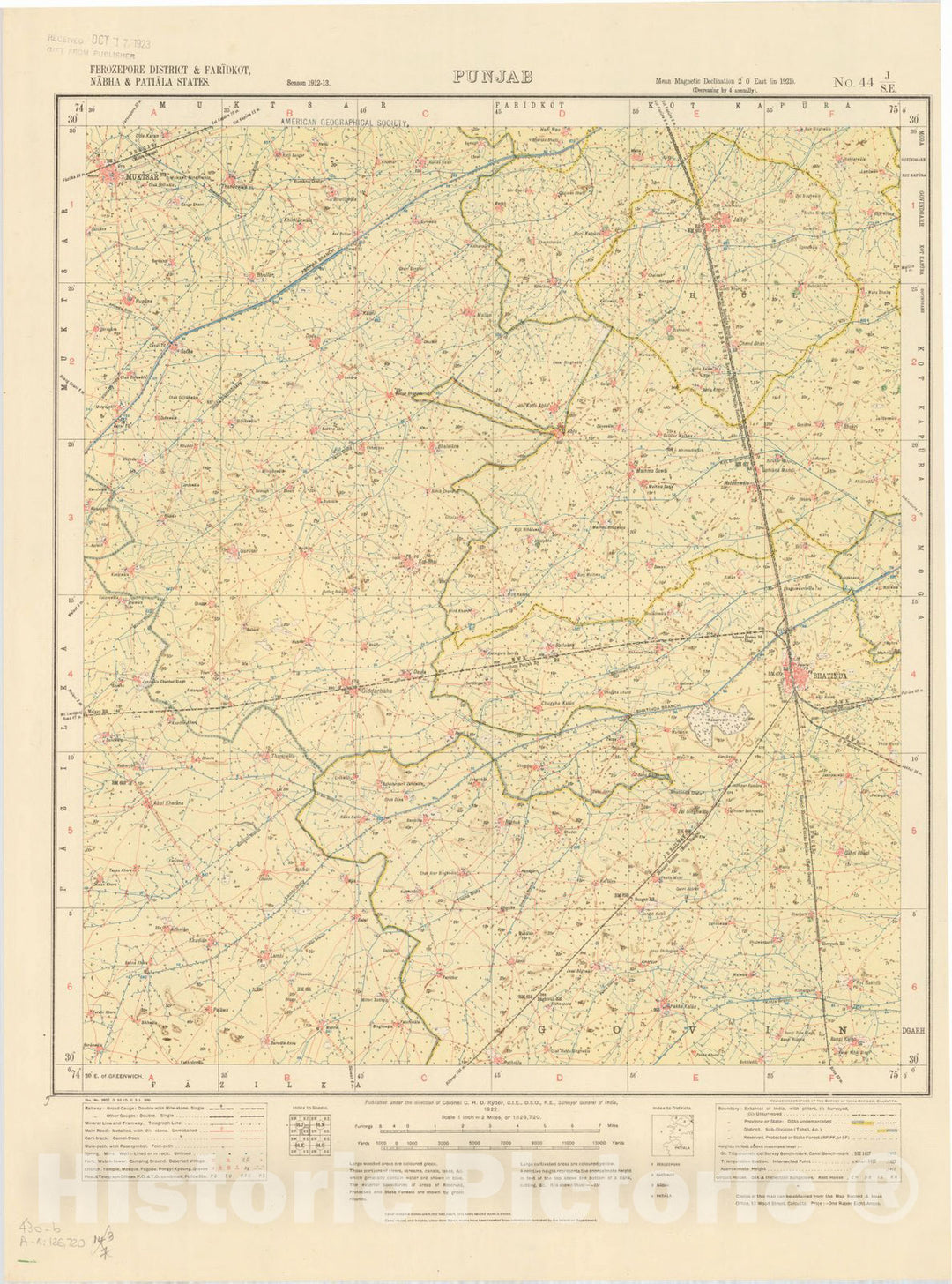 Map : Ferozepore District & Faridkot, Nabha & Patiala States, Punjab No. 44 J/S.E. 1922, India 1:126,720, Antique Vintage Reproduction