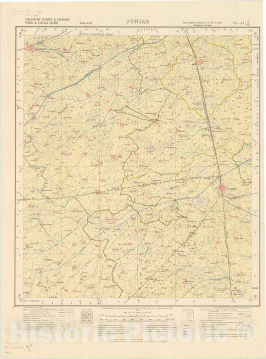 Map : Ferozepore District & Faridkot, Nabha & Patiala States, Punjab No. 44 J/S.E. 1922, India 1:126,720, Antique Vintage Reproduction
