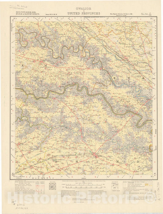 Map : Bhind, Tonwarghar, Agra, Etawah & Mainpuri Districts, Gwalior & United Provinces, No. 54 J/N.E. 1923, India and adjacent countries, Antique Vintage Reproduction