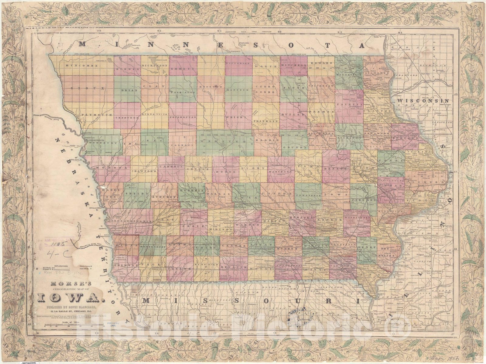 Map : Iowa 1856, Morse's cerographic map of Iowa, Antique Vintage Reproduction