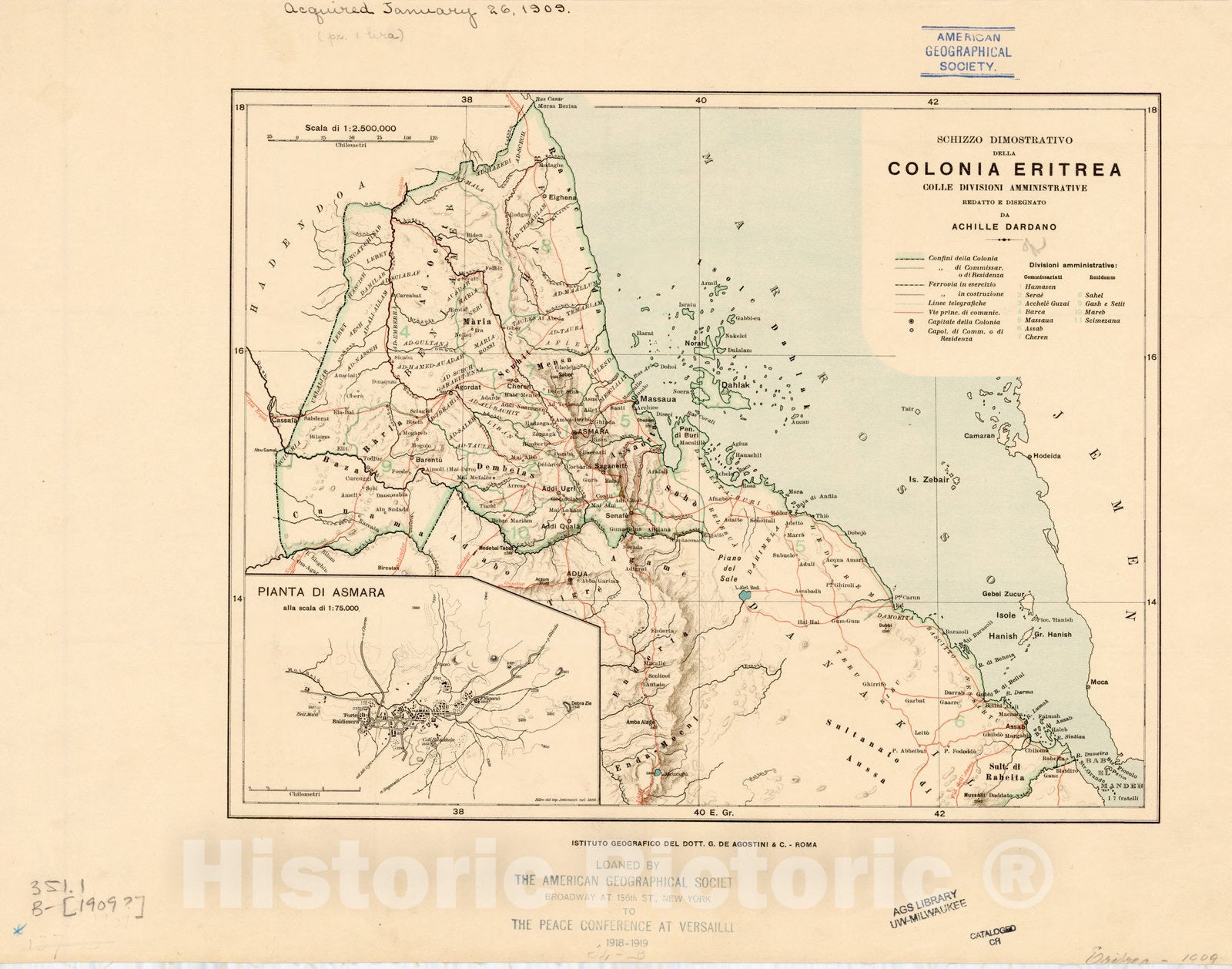 Map : Eritrea 1909, Schizzo dimostrativo della colonia Eritrea : colle divisaioni amministrative , Antique Vintage Reproduction