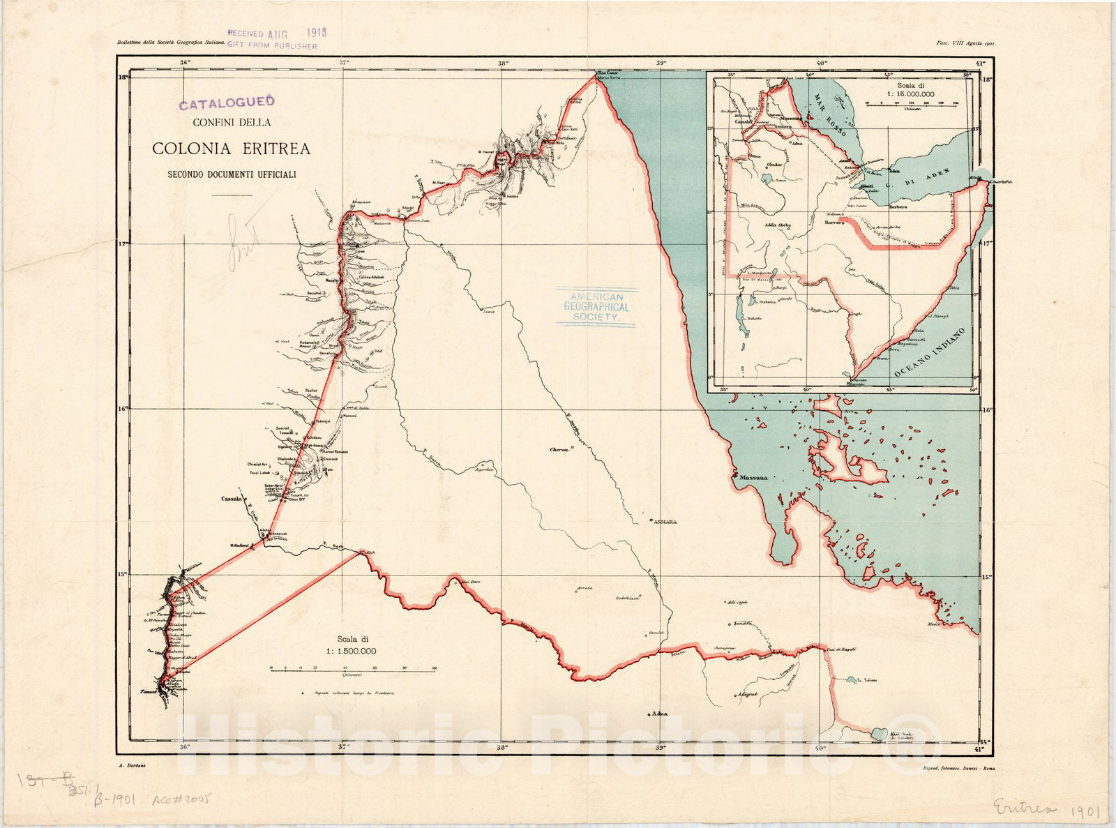 Map : Eritrea 1901, Confini della Colonia Eritrea , Antique Vintage Reproduction
