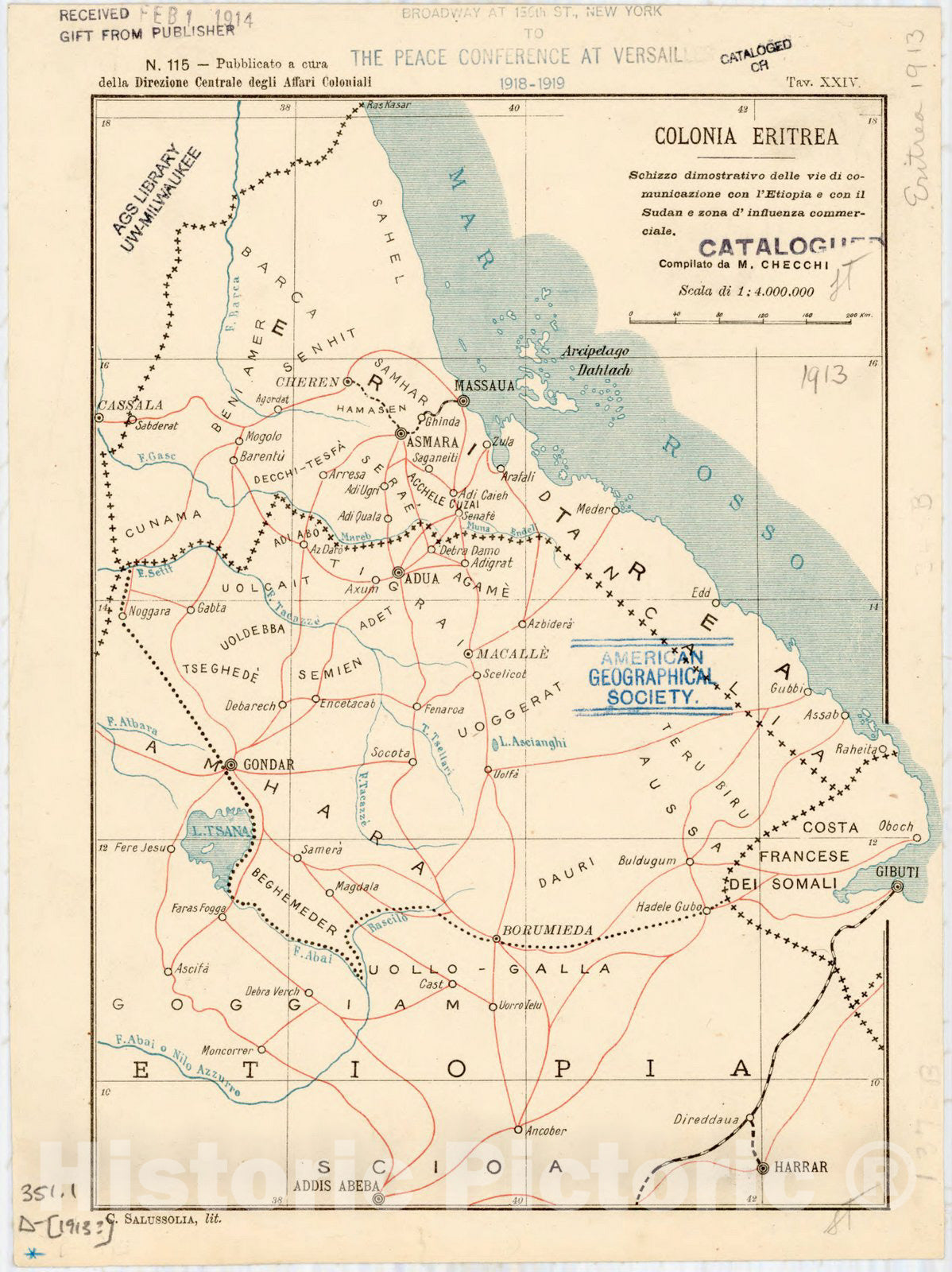 Historic Map : Eritrea 1913, Colonia Eritrea : schizzo dimostrativo delle vie de comunicazione con l'Etiopia e con il Sudan e zona d'influenze commerciale , Antique Vintage Reproduction