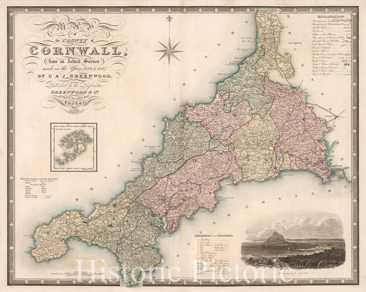 Map : Cornwall, England 1829, Map of the county of Cornwall : from an actual survey made in the years 1826 & 1827 , Antique Vintage Reproduction