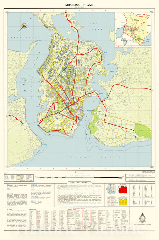 Map : Mombasa, Kenya 1963, Mombasa island and environs , Antique Vintage Reproduction