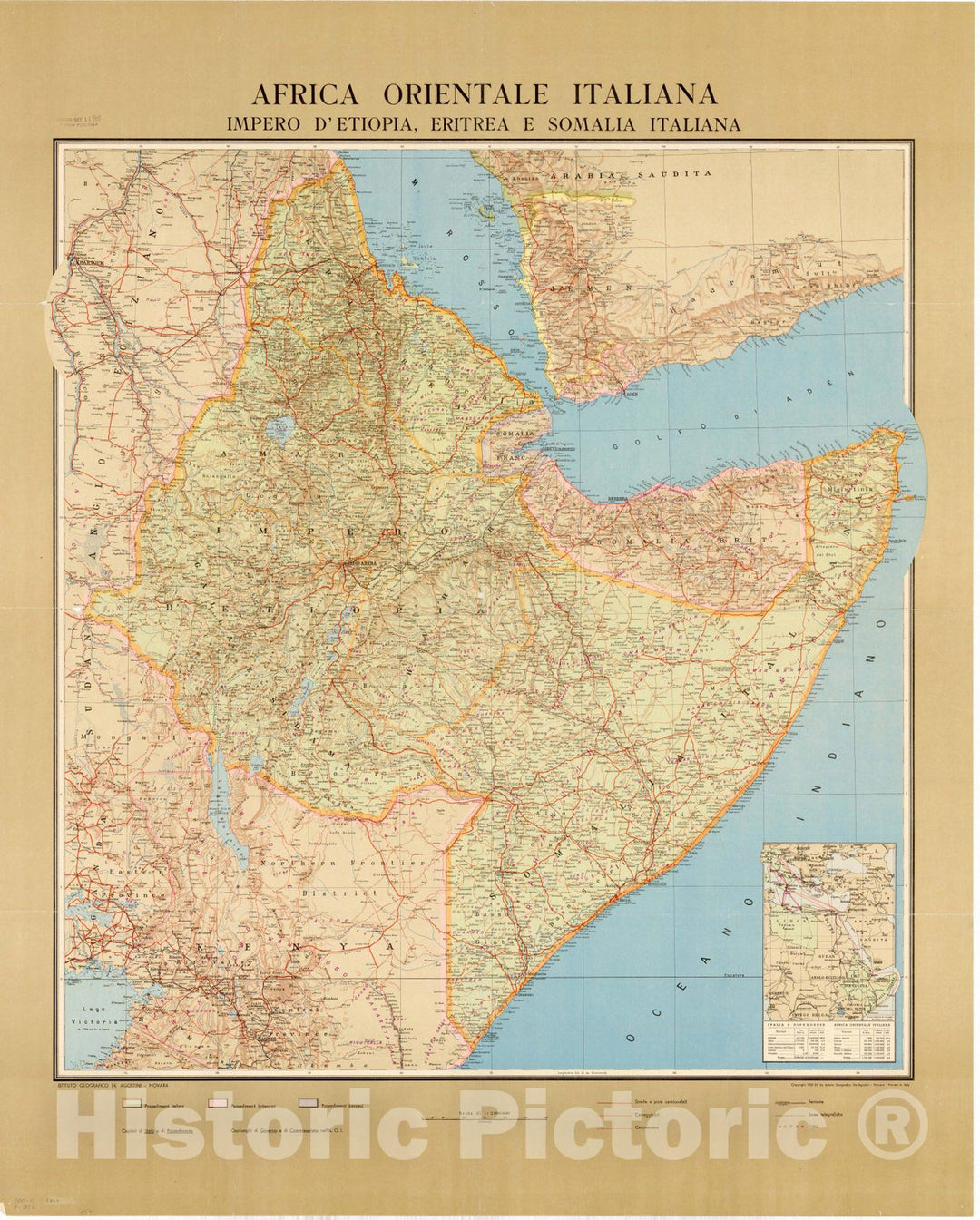 Map : Africa, eastern 1937, Africa orientale Italiana, impero d'Etiopia, Eritrea e Somalia Italiana , Antique Vintage Reproduction