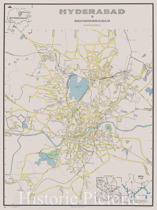 Map : Hyderabad & Secunderabad, India 1967, Hyderabad & Secunderabad, Antique Vintage Reproduction