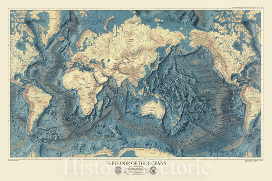 Map : World 1972, The floor of the oceans , Antique Vintage Reproduction
