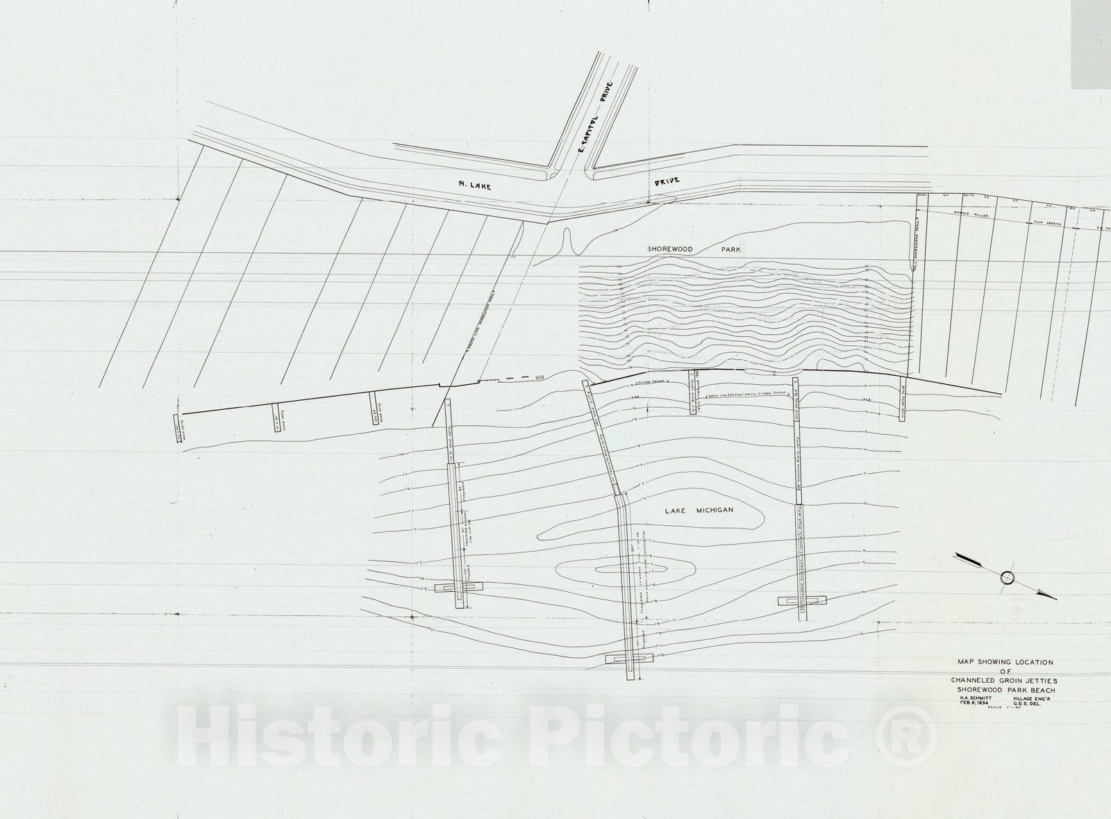 Map : Shorewood, Wisconsin 1934, Map showing location of Channeled Groin Jetties, Shorewood Park Beech , Antique Vintage Reproduction