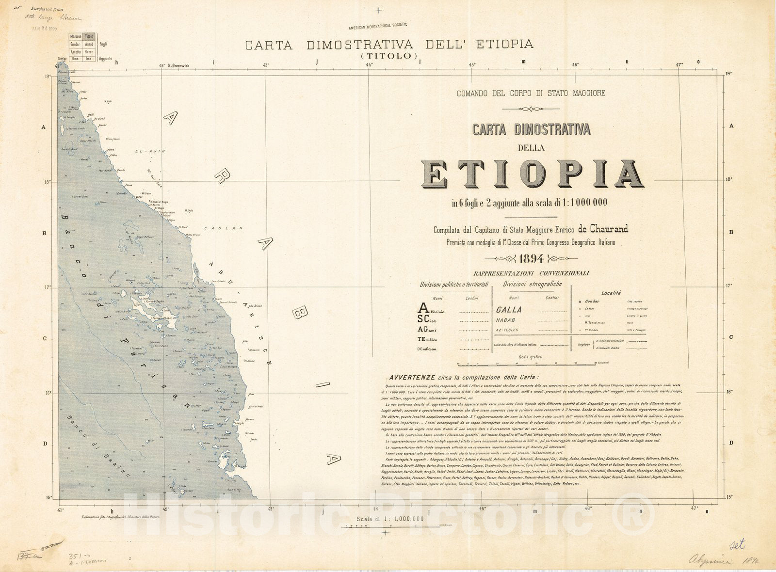 Map : am008109c, Carta Dimostrativa dell'Etiopia (Titolo) , Antique Vintage Reproduction