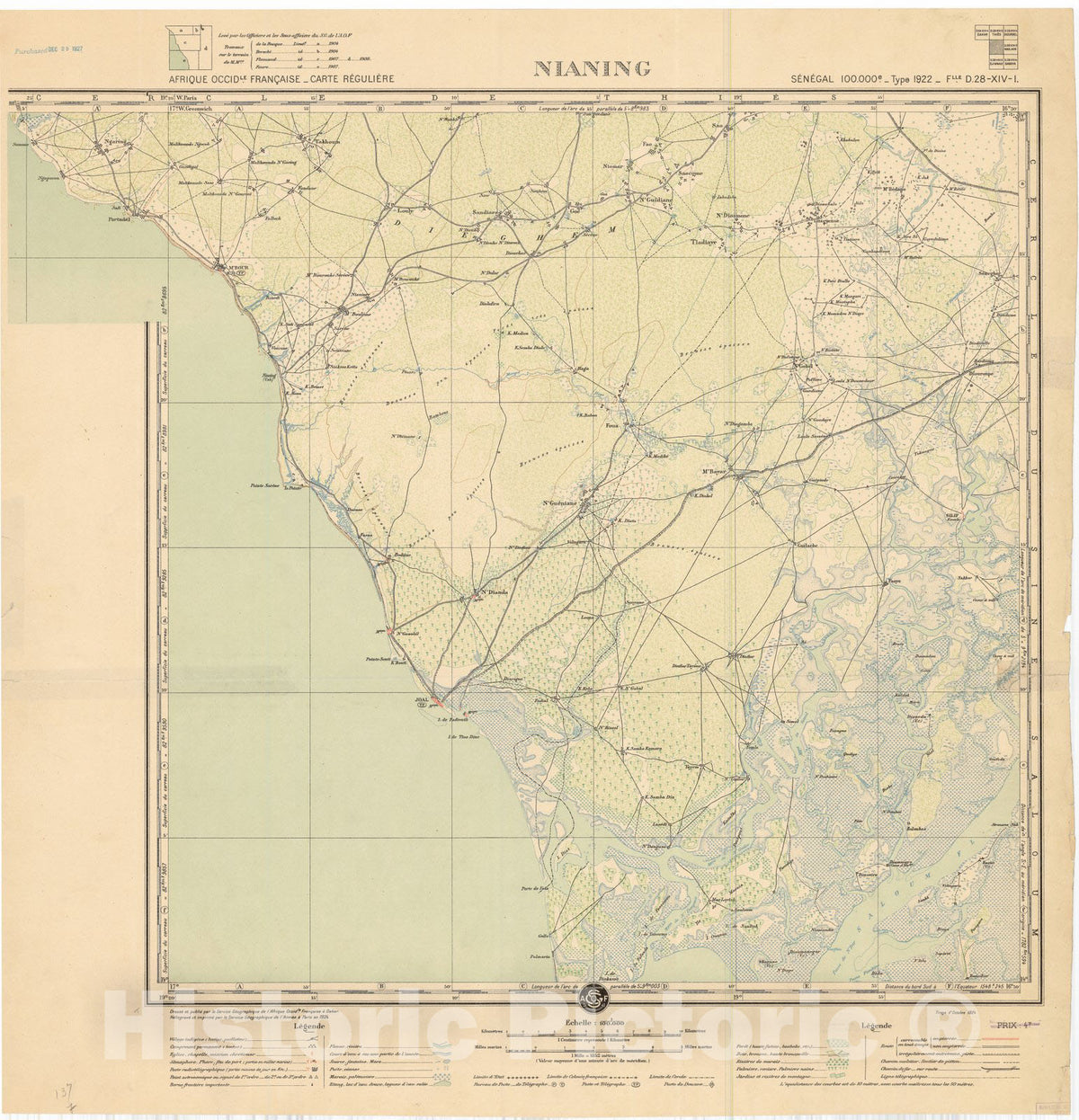 Map : Nianing, Senegal 1924, Afrique Occidle. Francaise, carte reguliere Nianing, Senegal, Antique Vintage Reproduction