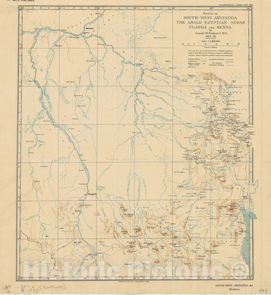 Map : Ethiopia 1929, Routes in south-west Abyssinia, the Anglo-Egyptian Sudan, Uganda and Kenya , Antique Vintage Reproduction