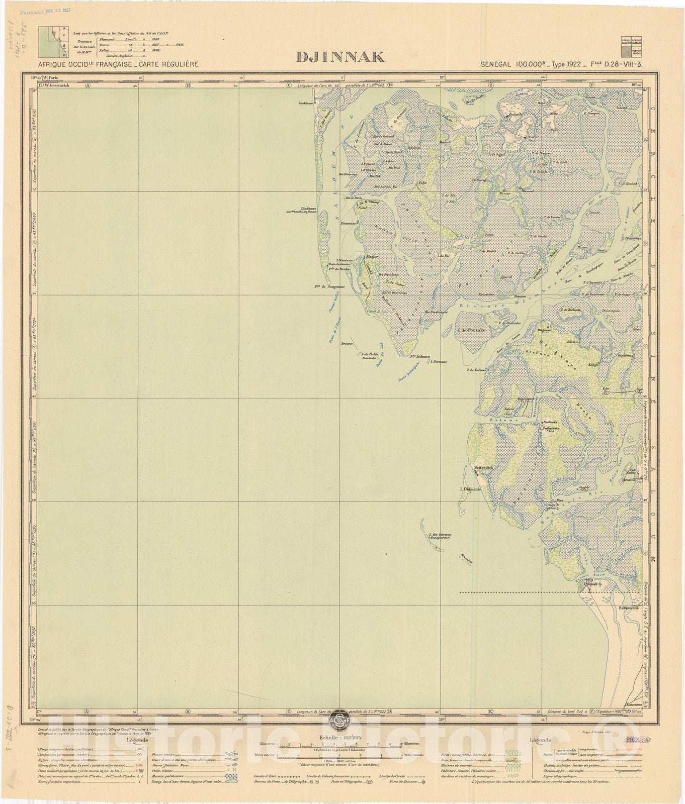 Map : Djinnak, Senegal 1924, Afrique Occidle. Francaise, carte reguliere Djinnak, Senegal, Antique Vintage Reproduction