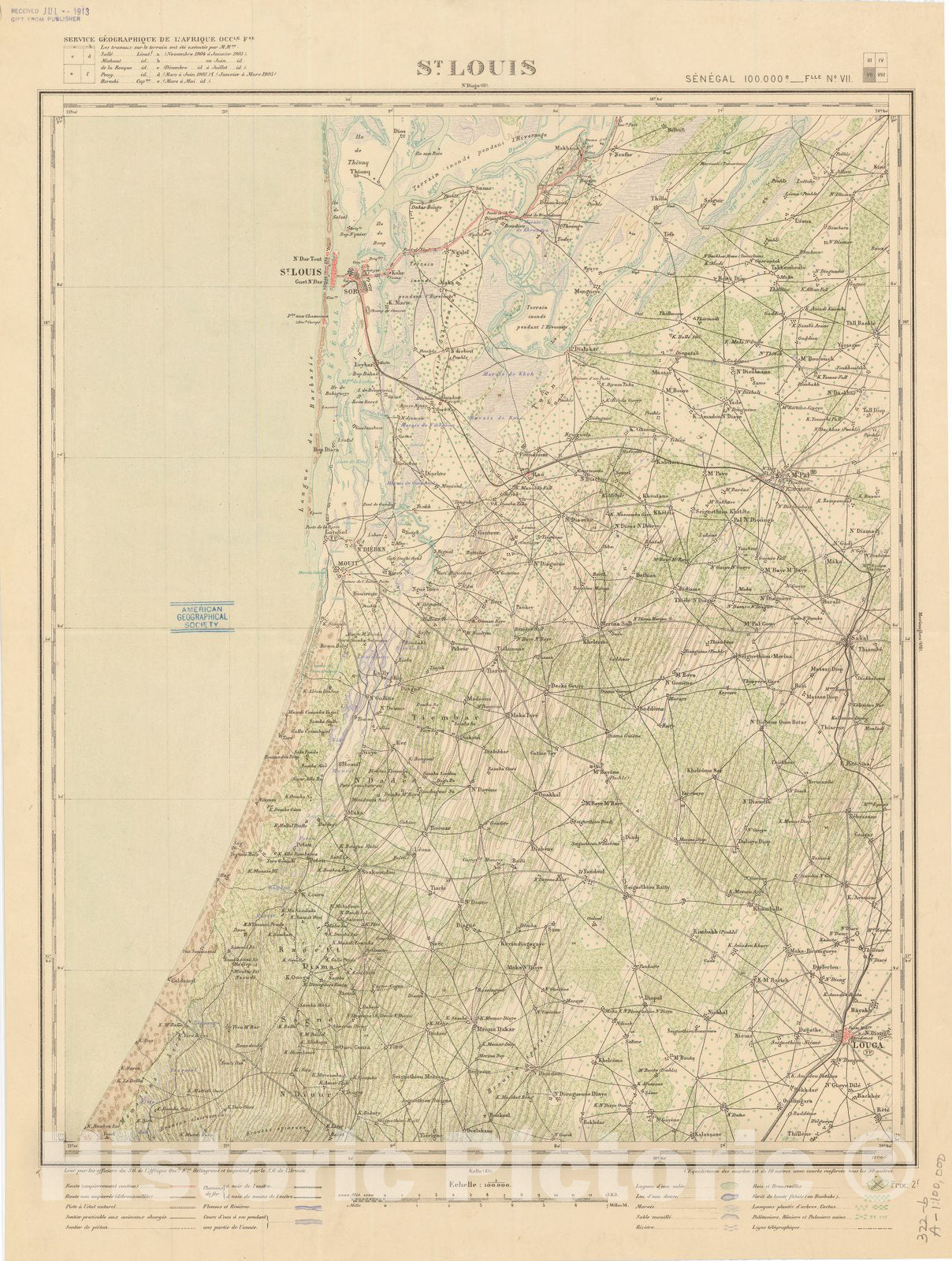 Map : St. Louis, Senegal 1913, St. Louis, Senegal 1:100 000 , Antique Vintage Reproduction
