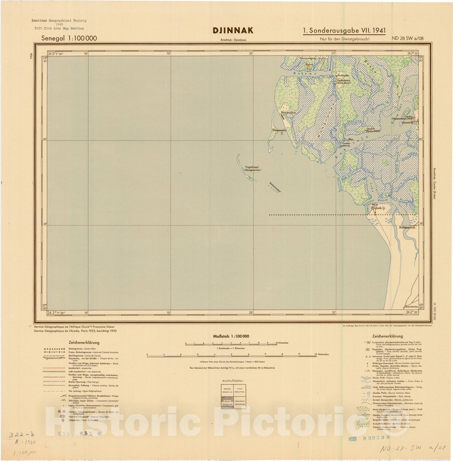 Map : Djinnak, Senegal 1941, Senegal 1:100 000 Djinnak ND 28 SW a, Antique Vintage Reproduction