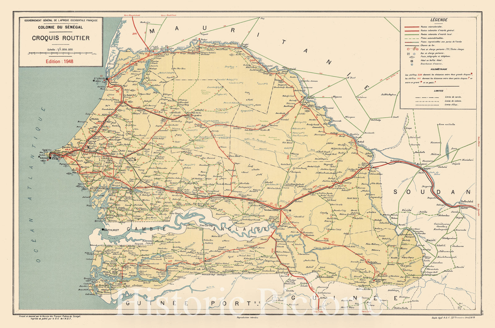 Map : Senegal 1948, Colonie du Senegal, Croquis routier , Antique Vintage Reproduction
