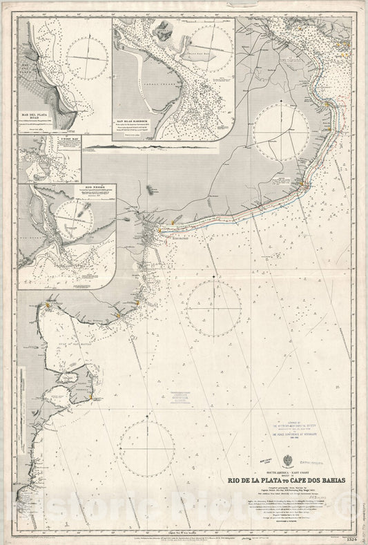Map : Argentina coast 1916, South America, east coast, sheet IV, Rio de la Plata to Cape Dos Bahias , Antique Vintage Reproduction