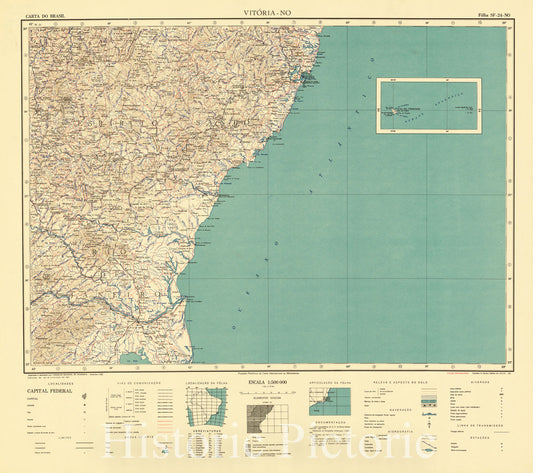 Map : Vitoria - NO, Brazil 1961, Carta do Brasil , Antique Vintage Reproduction