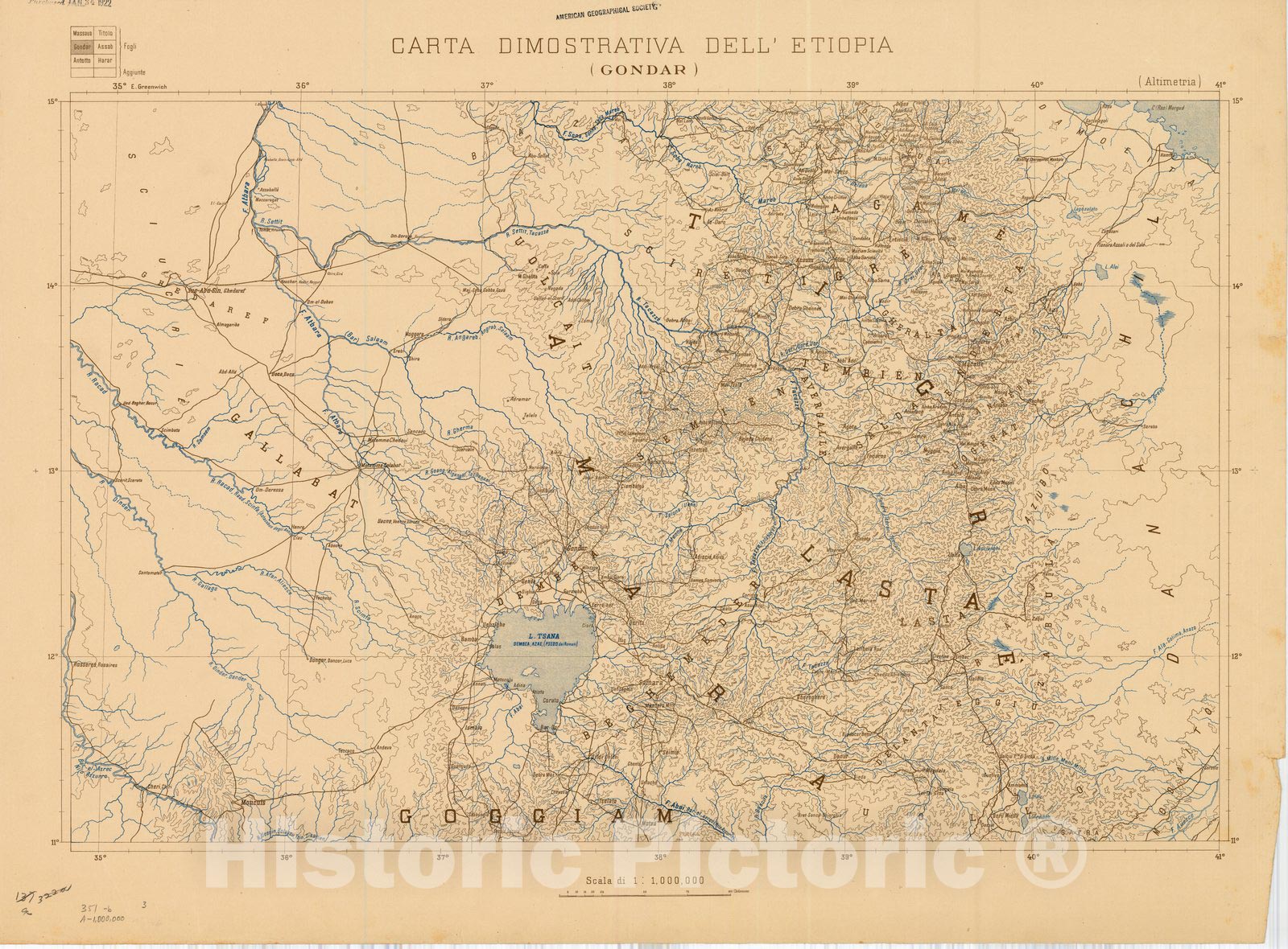 Map : Ethiopia 1894 6, Carta Dimostrativa dell'Etiopia (Gondar) , Antique Vintage Reproduction