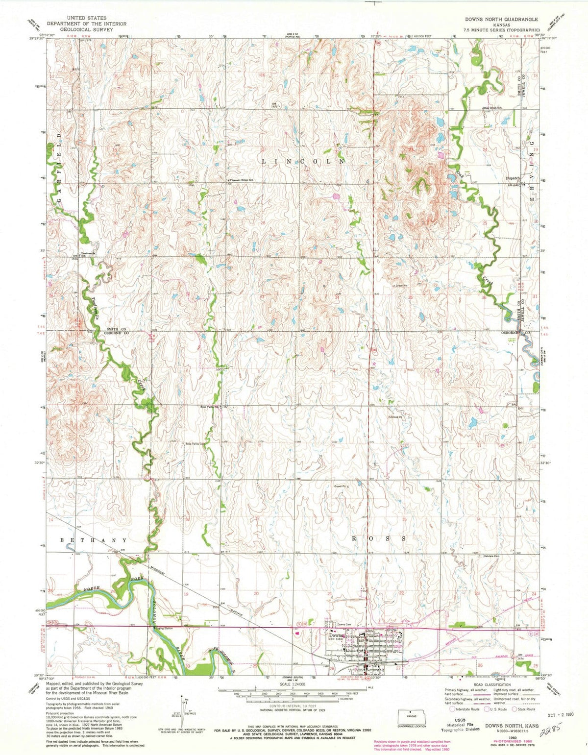 1960 Downs North, KS - Kansas - USGS Topographic Map